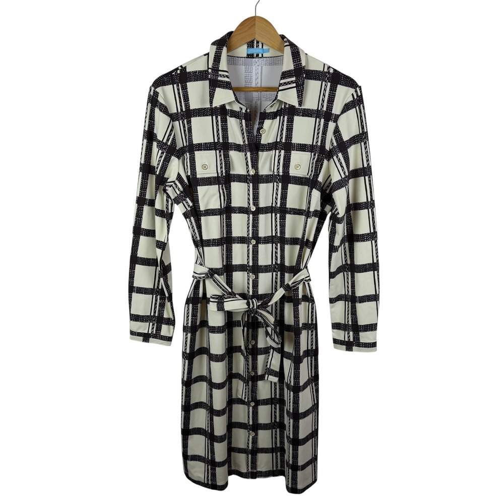 J McLaughlin Plaid Grid Print Shirt Dress Large Catalina Cloth Preppy Old Money